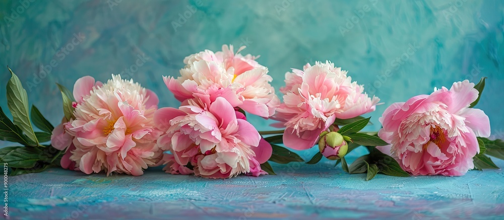Poster pink peonies arranged in a floral composition on a blue backdrop for occasions like mother s day sea