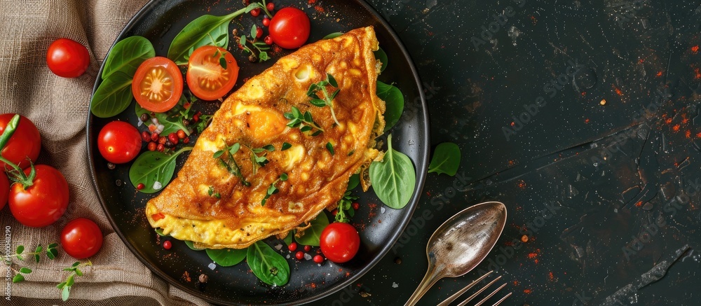 Leinwandbilder plate with an omelette on a table with generous copy space image