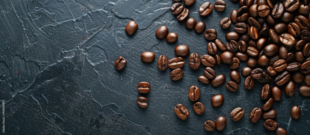 Poster coffee beans arranged on a dark surface with copy space image available