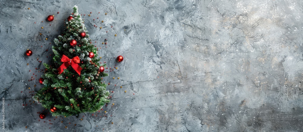 Aufkleber Top view of a creatively crafted Christmas tree on a concrete background with copy space image