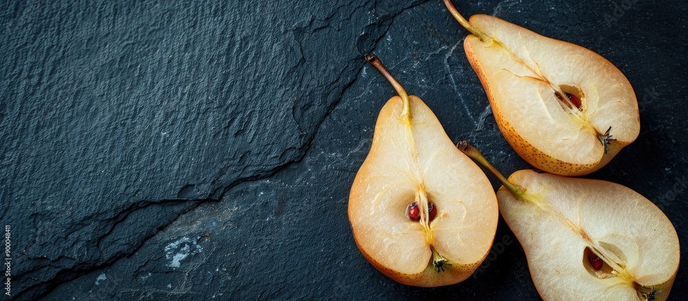 Poster morning breakfast concept displayed with a close up image of pear slices on a dark backdrop featurin