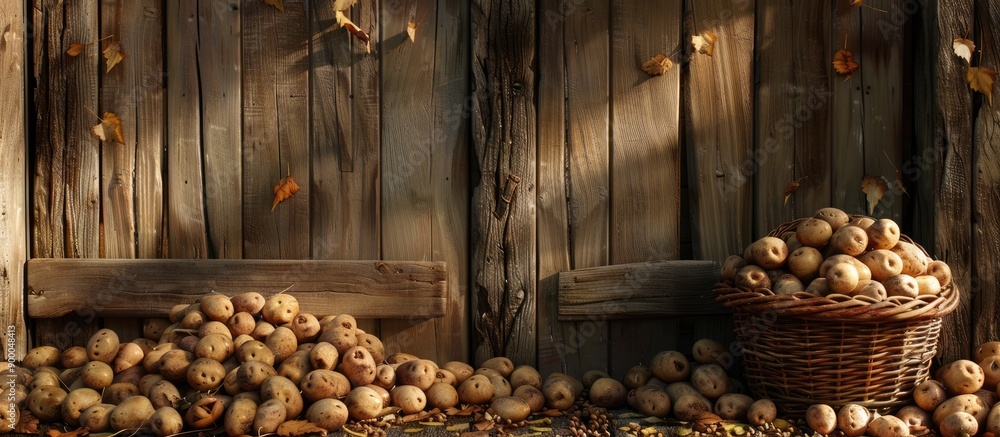Aufkleber baskets of organic potatoes on a wooden door background create a country life scene with a bountiful