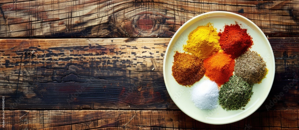 Poster A colorful array of spices on a white plate set against a wooden backdrop provides ample copy space for text in the image