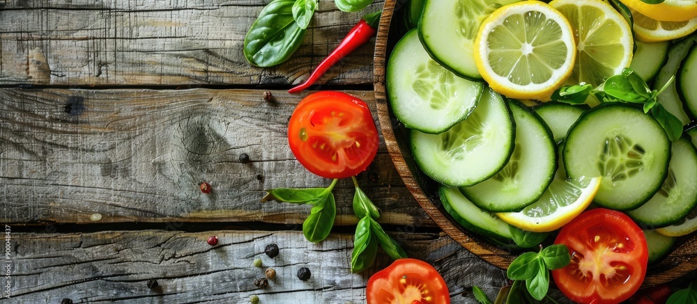 Aufkleber fresh cucumber salad with tomatoes and lemon on a rustic wooden backdrop ideal as a copy space image
