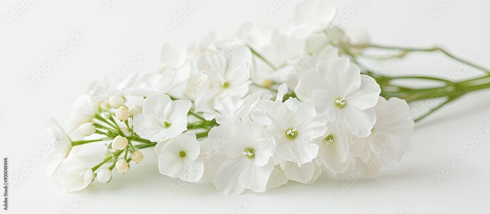 Poster macro close up of a stunning cluster of white hesperis flowers on a white background with copy space