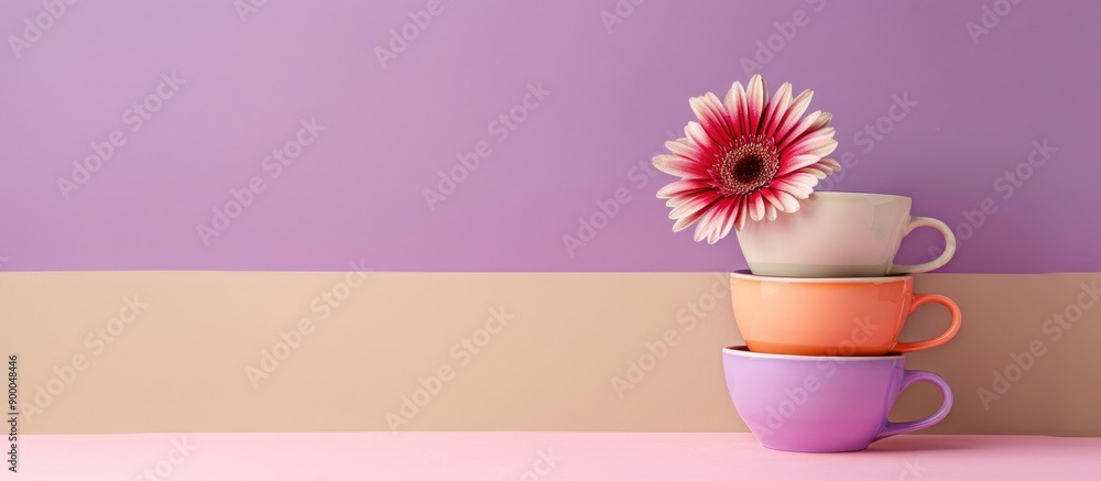 Poster a stack of coffee cups with a gerbera flower maintaining balance on a purple and beige backdrop show