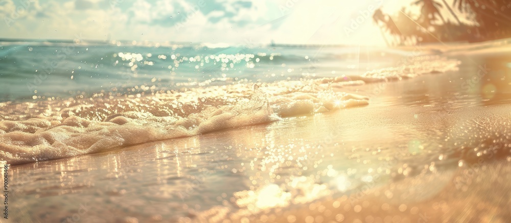 Poster Tropical beach with sunlit waves creating an abstract background perfect as a copy space image for summer vacation and travel themes with a vintage filter
