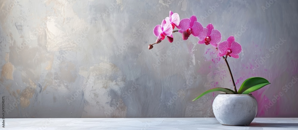 Fototapete Orchid in a simple pot placed on a table with available copy space image
