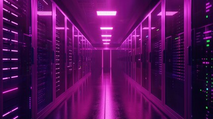 Fototapeta premium Glimmering purple lights illuminate long hallway in data center, creating a futuristic atmosphere