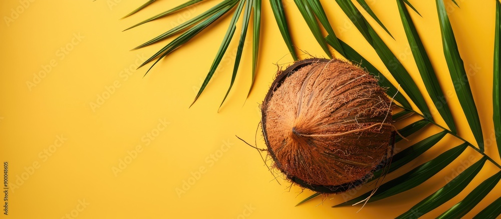Poster top view of a coconut with its leaves set against a colored background ideal for use as a copy space