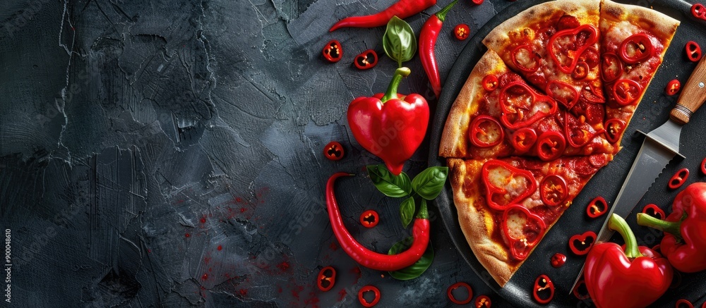 Aufkleber pizza for valentine s day featuring red peppers artfully arranged on the top with copy space image