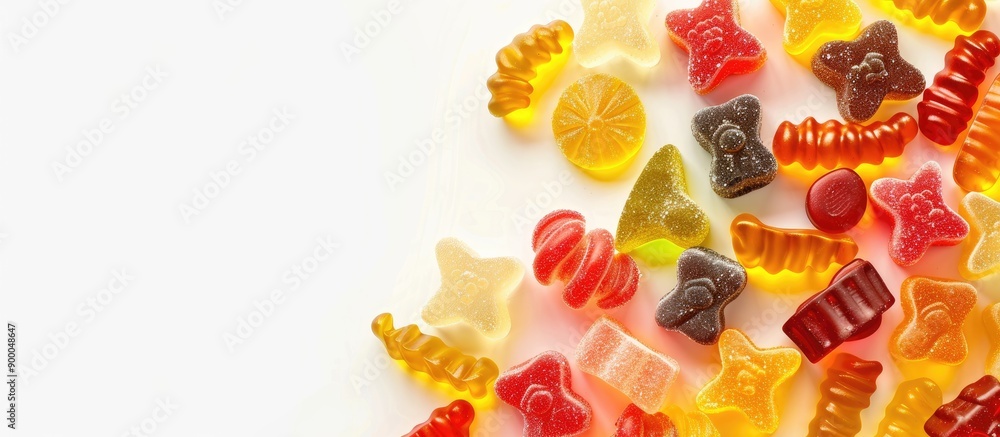 Poster assortment of gummy candies isolated on a white background with ample copy space image