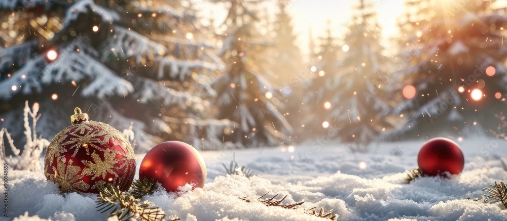Poster festive ornaments and baubles adorn a snowy landscape under the soft winter sun with dense fir trees