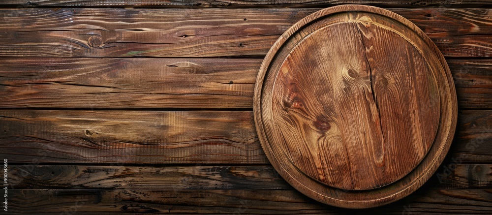 Leinwandbilder Top down view of an empty circular cutting board on a wooden surface with available space for text alongside the image. with copy space image. Place for adding text or design