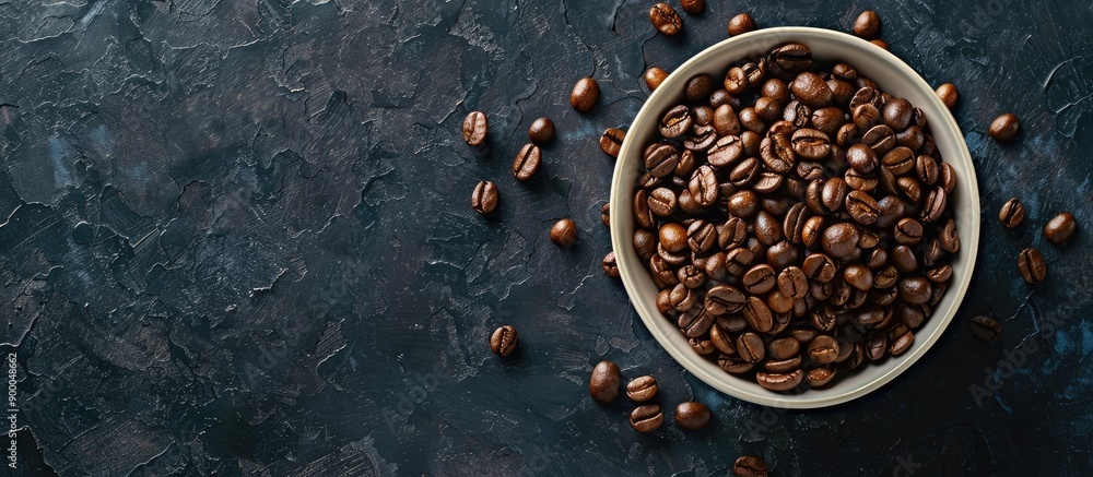 Poster Coffee beans roasted and placed in a ceramic bowl on a dark background creating a visually appealing image with copy space