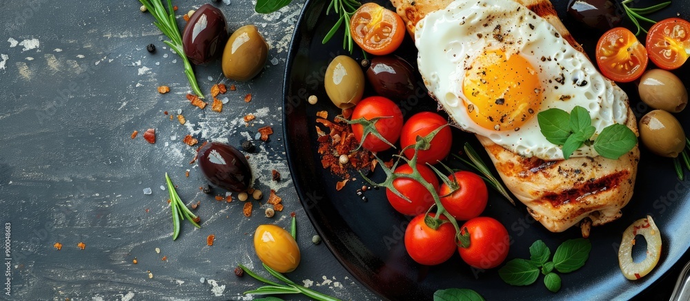 Aufkleber A ketogenic breakfast featuring a chicken roll with a fried egg olives and tomatoes presented in a visually appealing copy space image