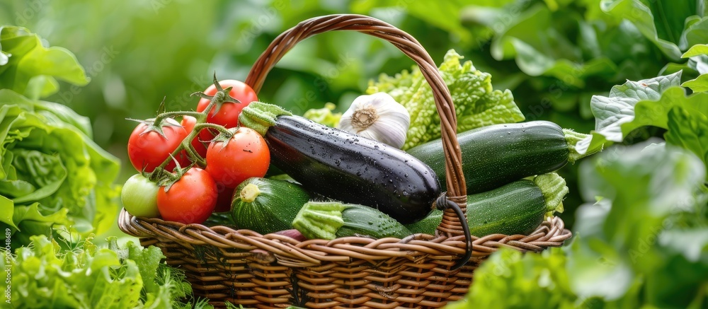 Aufkleber close up view of a wicker basket filled with various vegetables like zucchinis eggplants cucumbers o