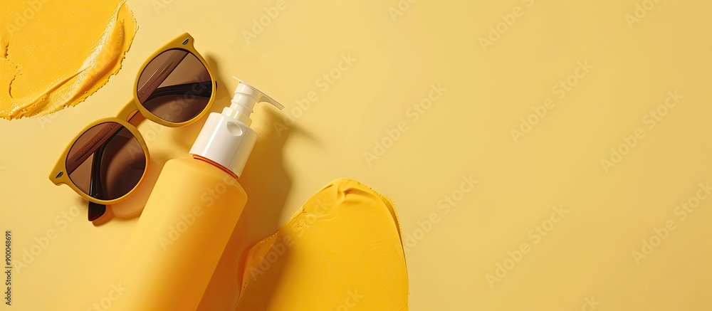 Aufkleber Sunscreen lotion bottle and sunglasses on a light yellow backdrop with empty space for text or images. with copy space image. Place for adding text or design