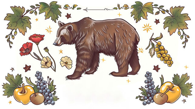 bear, poppies, and grapes on white background with copy space.