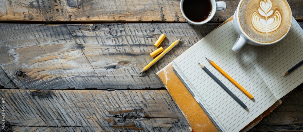 Poster Wooden background with notebook pencils graphic tablet and coffee creating a cozy work setup with copy space image