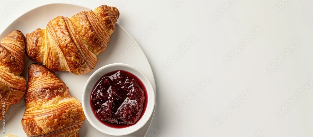 Leinwandbilder flatlay of fresh croissants with jams and butter creating a morning meal concept on a white backgrou