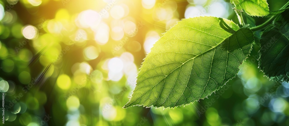 Poster sunlit green leaf in nature with blurred background and copy space image for text