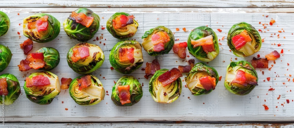 Poster flat lay of bacon topped brussels sprouts on white wooden surface featuring copy space image