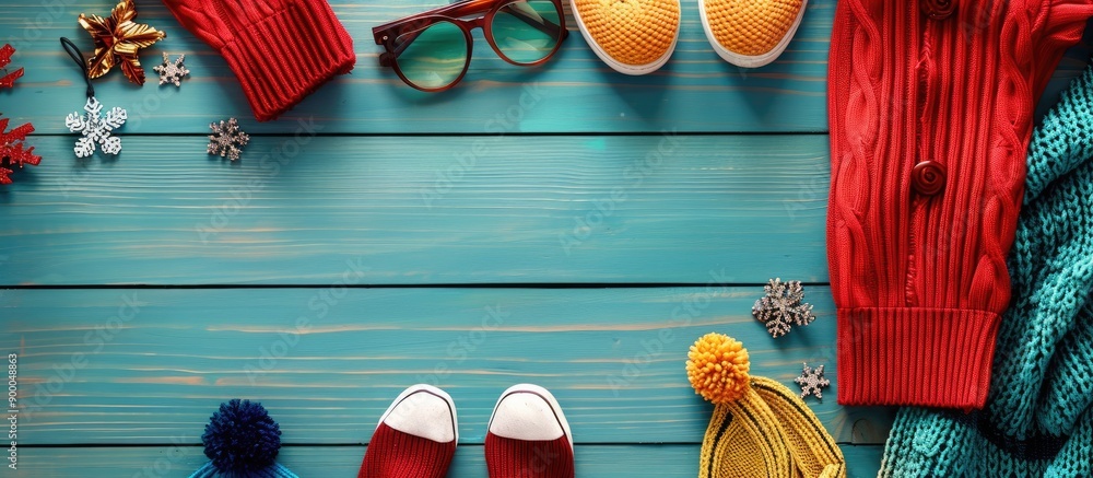 Poster stylish clothing and accessories arranged on a colorful wooden background in a festive christmas com