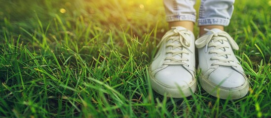 Fototapeta premium Sport shoes on grass with copy space image