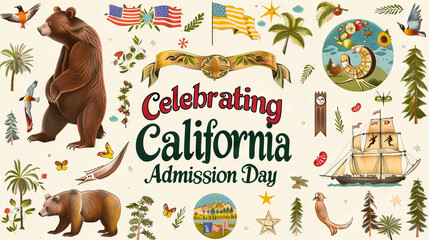 Fototapeta premium California admission day background with the state bears, usa flag, palm tree, birds, ship and redwood trees.