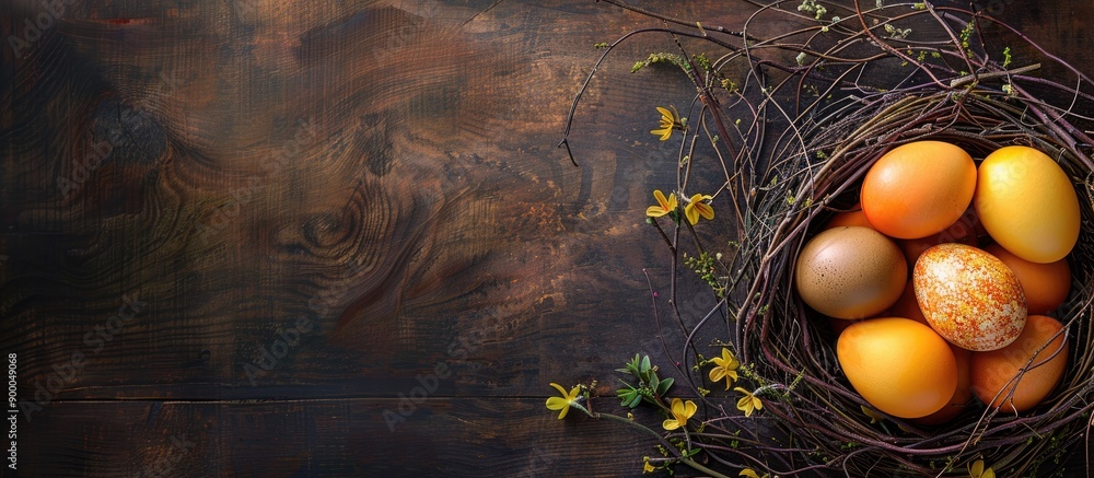 Aufkleber Yellow orange and brown eggs in a nest of wooden twigs on a table with green twigs embodying Easter and spring themes with blank space for an image and a bird s eye view. with copy space image