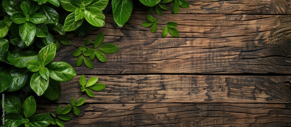 Poster Empty space on a wooden background with green leaves perfect for inserting copy space image