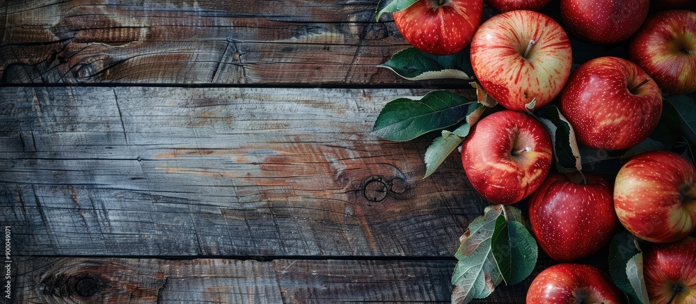 Poster juicy red apples arranged on a rustic wooden table symbolizing a diet and healthy lifestyle with abu