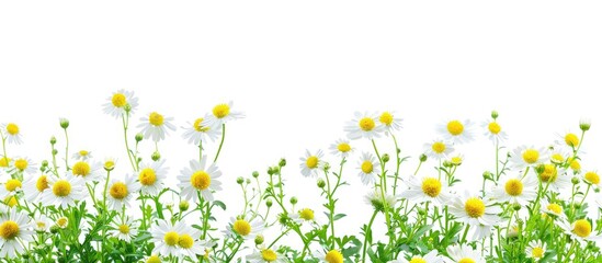 Floral feverfew blooms on a white background in a vibrant copy space image