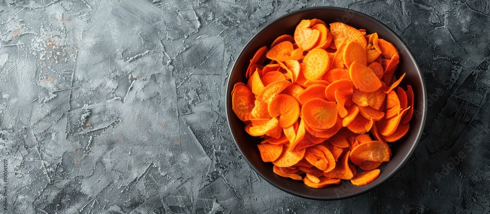 Poster Top view of a bowl filled with fresh organic carrot chips on a grey surface ideal for text with a copy space image