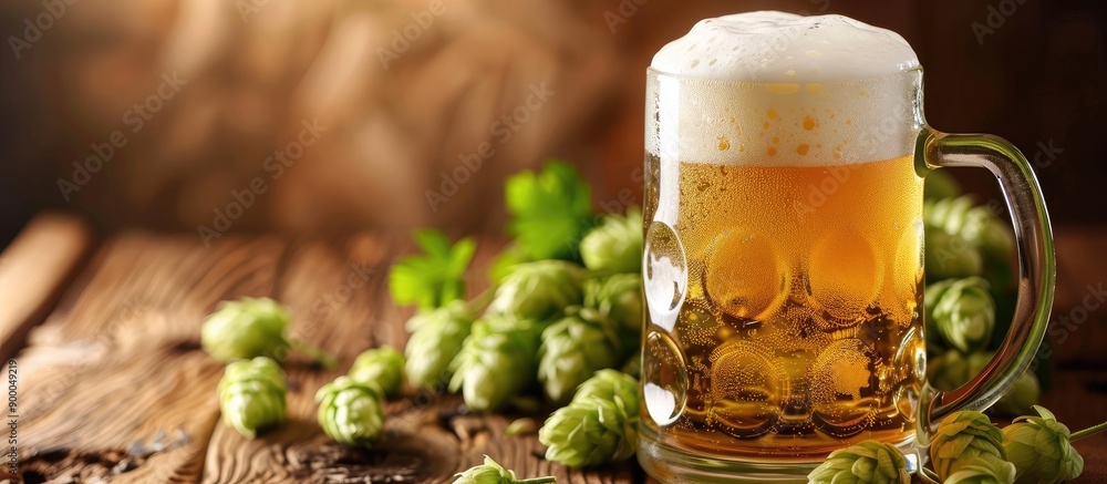 Poster close up of a glass mug filled with light beer and topped with frothy white foam garnished with ripe
