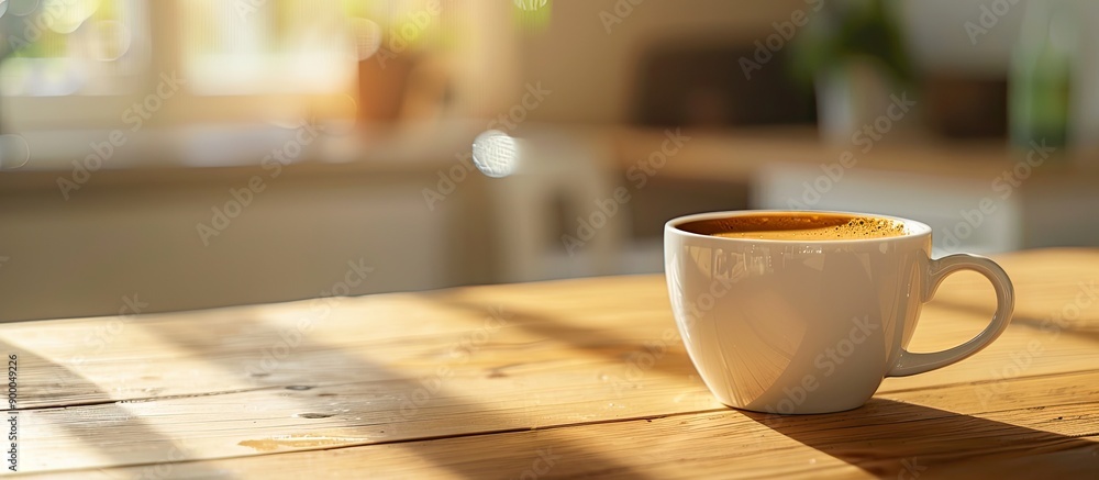 Leinwandbilder refreshingly hot coffee in a ceramic cup on a wooden table with a blank space for an image. with cop