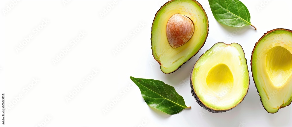 Poster avocado halved showing its freshness on a clean white backdrop with copy space image