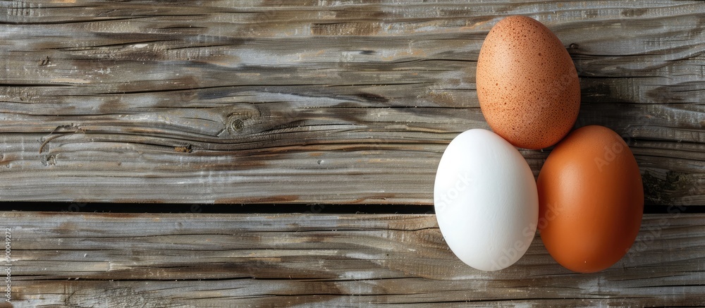 Aufkleber duck and chicken eggs on an aged wooden table the white egg is from a duck and the brown one is from