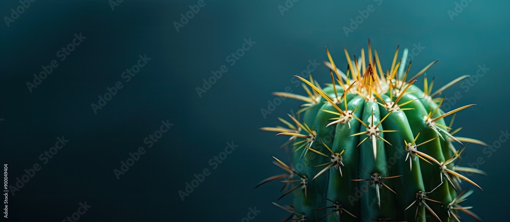 Poster Selective focused macro shot of a cactus against a dark blue wall creating an abstract plant background with room for text or graphics. with copy space image. Place for adding text or design