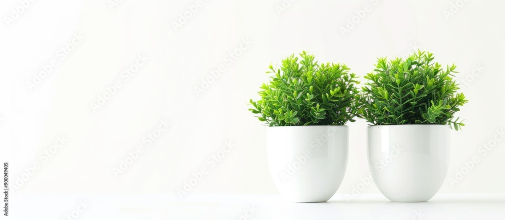 Aufkleber isolated small green plants in white pots on a white background with ample copy space image