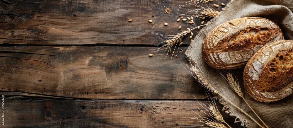 Poster browned bread on a rustic wooden backdrop with copy space image