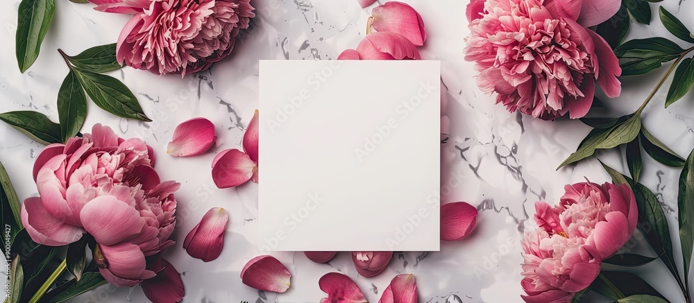 Poster fresh peony flowers on a paper card mockup featuring a blank square invitation with copy space image