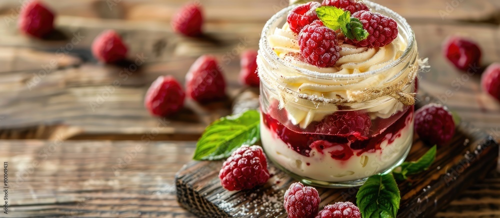 Poster Homemade summer berry dessert featuring raspberry cheesecake in a glass jar garnished with fresh raspberries and cream cheese on a wooden backdrop perfect for copy space image