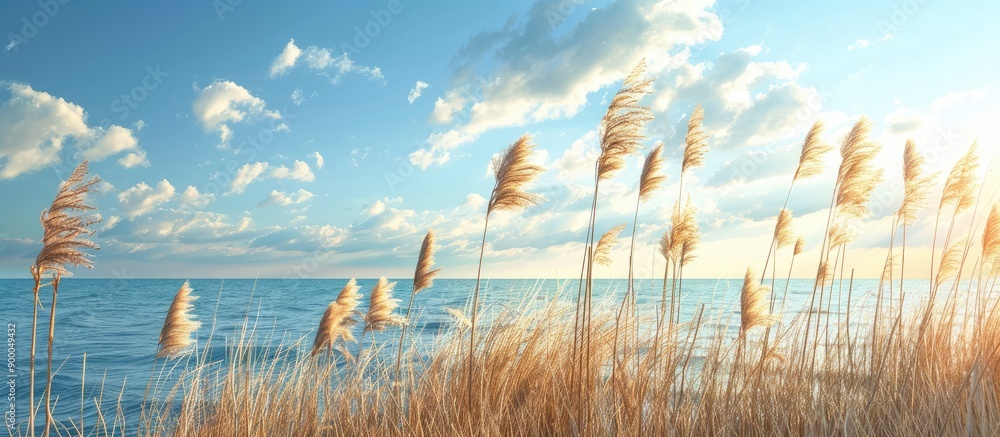 Poster Scenic view of reeds by serene ocean under blue sky with clouds perfect as a copy space image