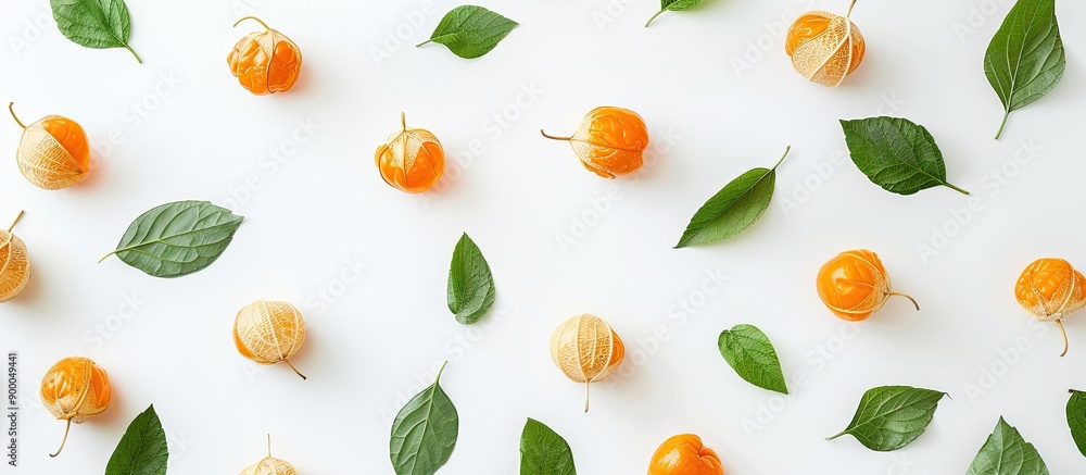 Aufkleber Top view physalis with leaves on a white backdrop for your text in a flat lay pattern providing copy space image