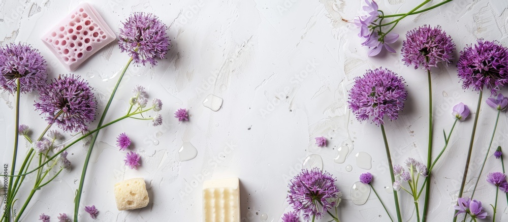 Poster copy space image featuring lotion allium blooms sponge and cream on a white backdrop