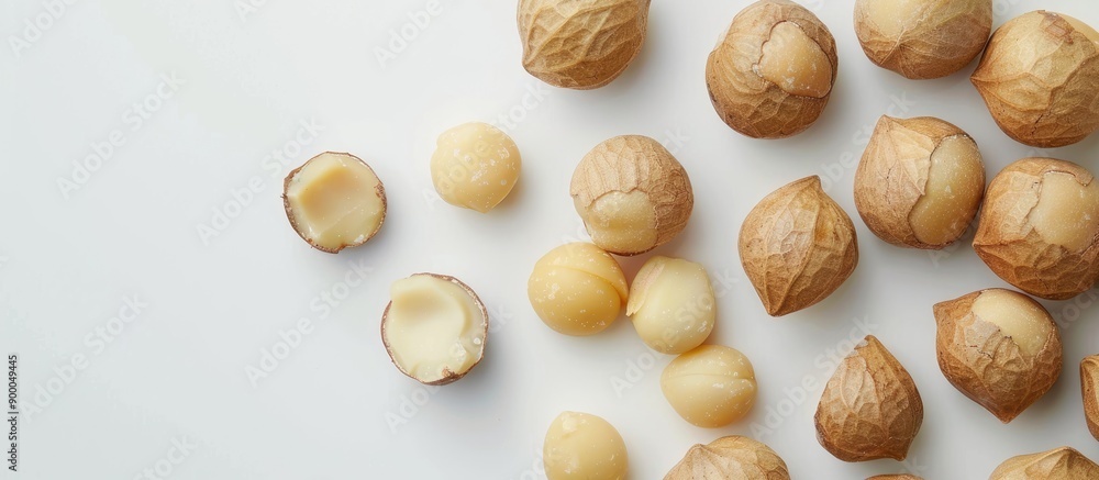Fototapete Macro view of whole unpeeled macadamia nuts with shelled kernels on a white background offering copy space image highlighting their nutritional value as a protein source