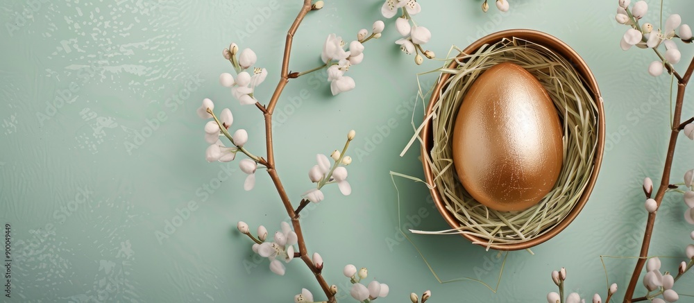 Poster Easter themed card displaying a golden egg in a tray with delicate willow branches on a soft green background allowing room for text Ideal for Easter greetings Top down view. with copy space image
