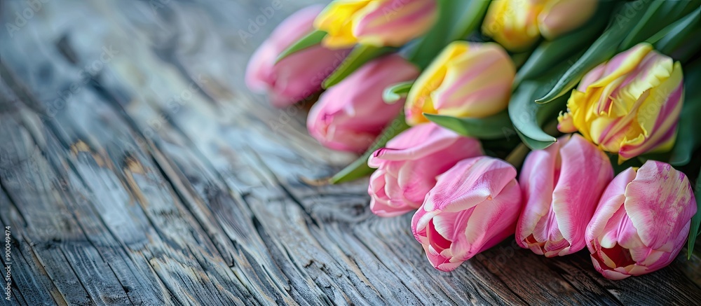 Poster pink and yellow tulips on a wooden background create a charming greeting card with copy space image